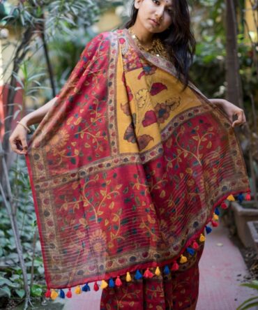 UF 3D Cherry Red Digital Print Moonga Silk Saree