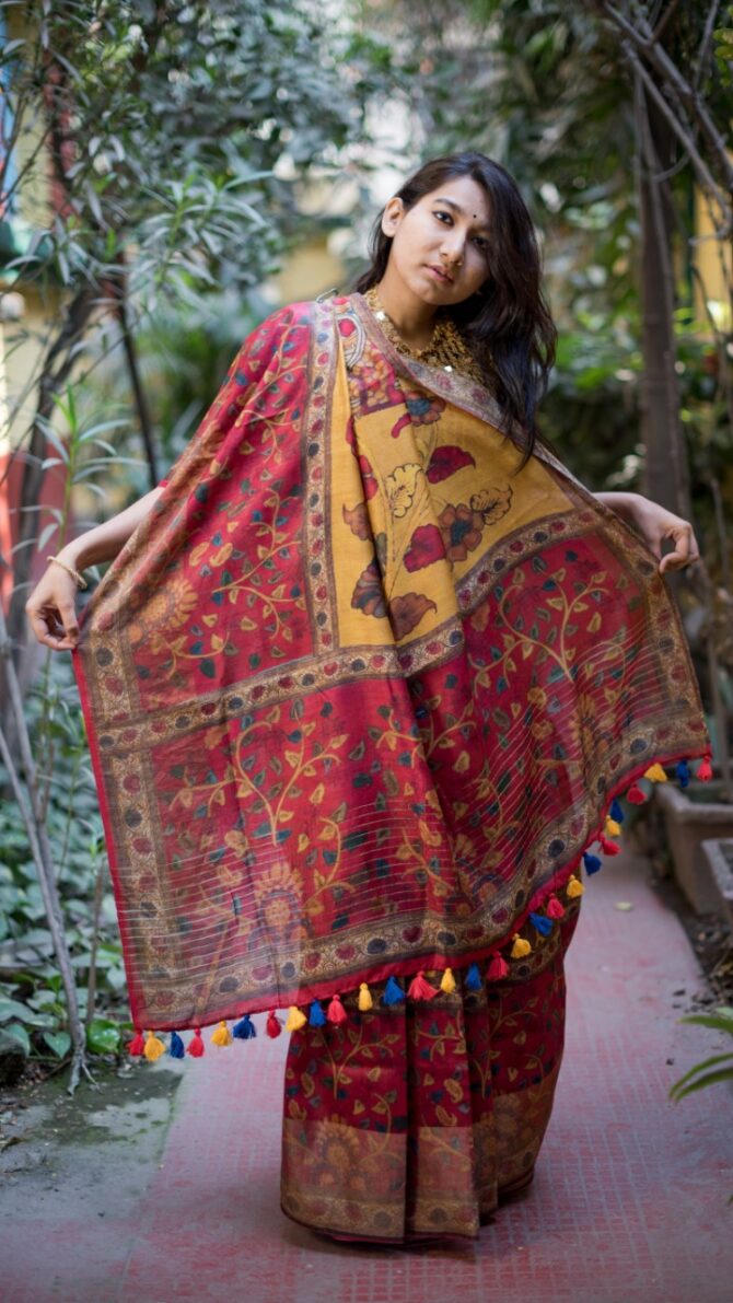 UF 3D Cherry Red Digital Print Moonga Silk Saree