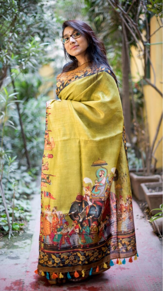 UF Olive Kalamkari Digital Print Munga Silk Saree