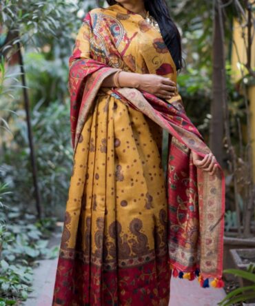 Mustard Yellow Kalamkari Digital Print Pure Linen Saree