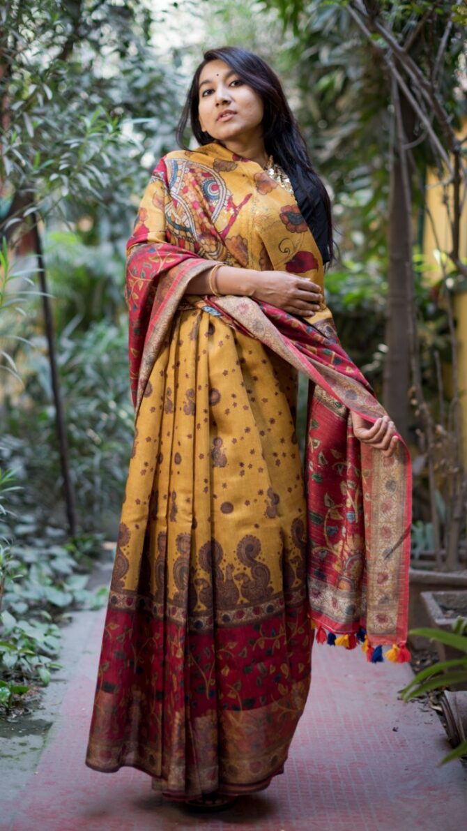 UF 3D Cherry Red Digital Print Moonga Silk Saree
