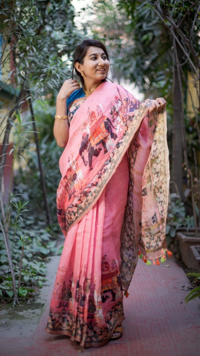 UF Pink Kalamkari Digital Print Pure Linen Saree