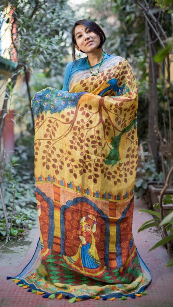 Yellow Kalamkari Digital Print Pure Linen Saree