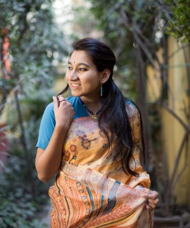 UF peacock Kalamkari Digital Print Linen Saree