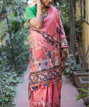 UF Pink Kalamkari Digital Print Pure Linen Saree
