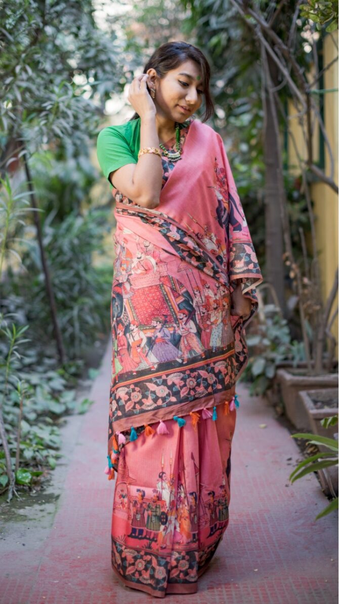 UF Pink Kalamkari Digital Print Pure Linen Saree