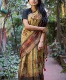 UF MossGreen Kalamkari Digital Print Linen Saree
