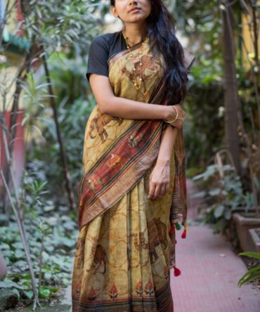 UF MossGreen Kalamkari Digital Print Linen Saree