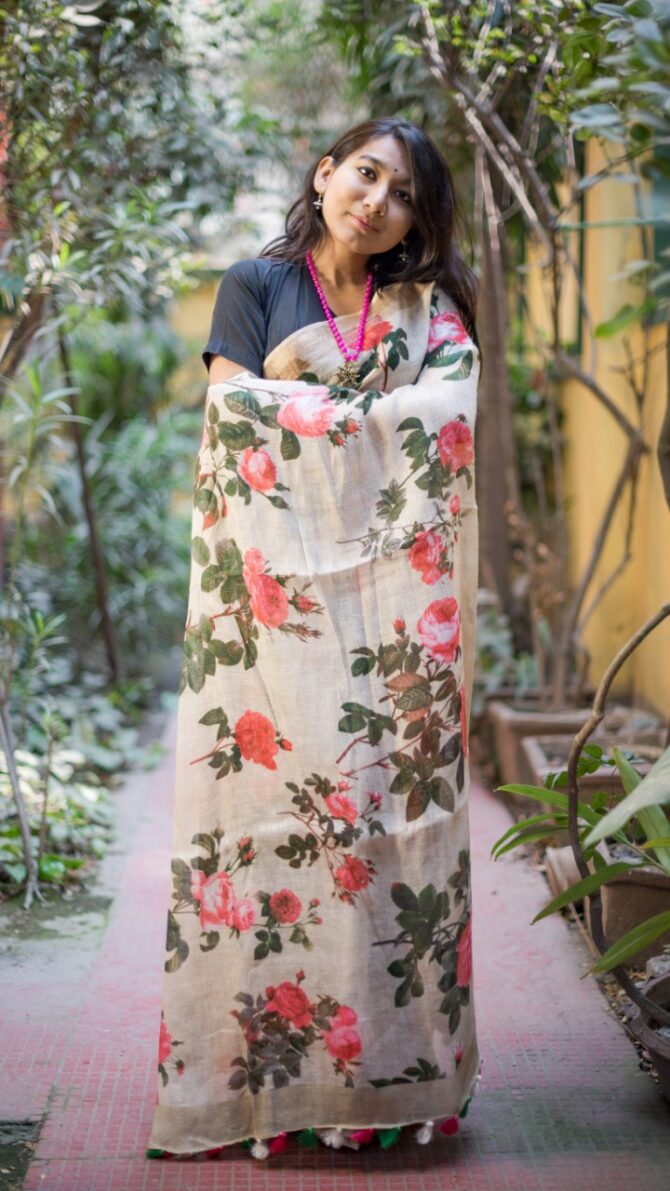 UF Ivory Floral Digital Print Linen Saree