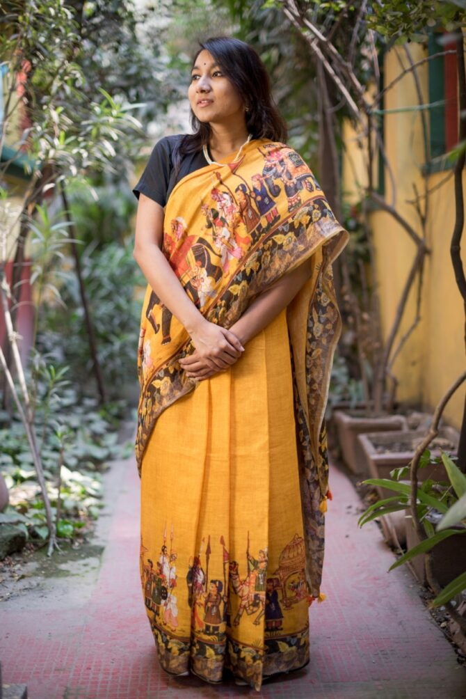 UF Yellow Kalamkari Digital Print Linen Saree