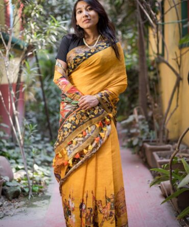 UF Yellow Kalamkari Digital Print Linen Saree