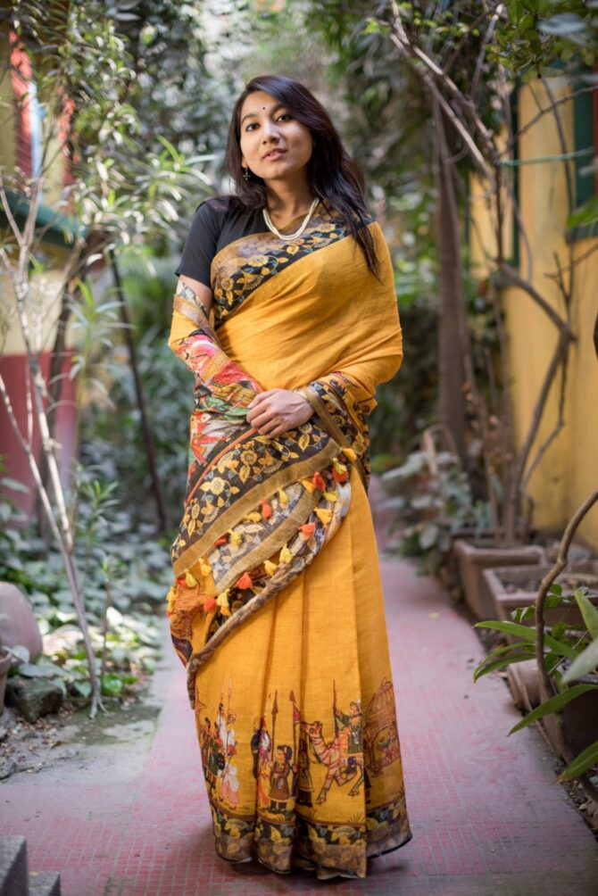 UF Yellow Kalamkari Digital Print Linen Saree