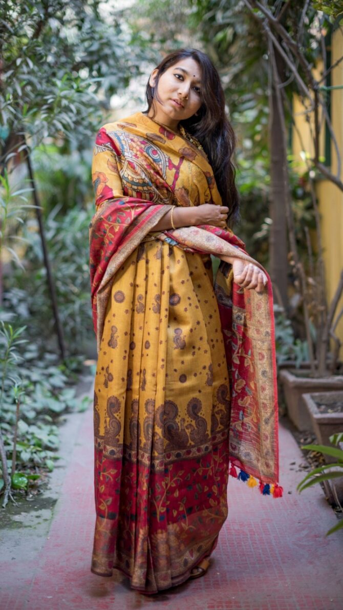 UF 3D Cherry Red Digital Print Moonga Silk Saree