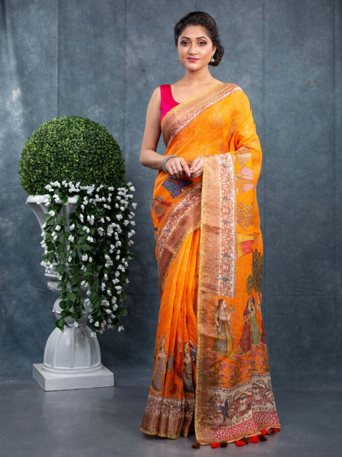 Orange Sakhiya Pichwai Digital Printed Saree