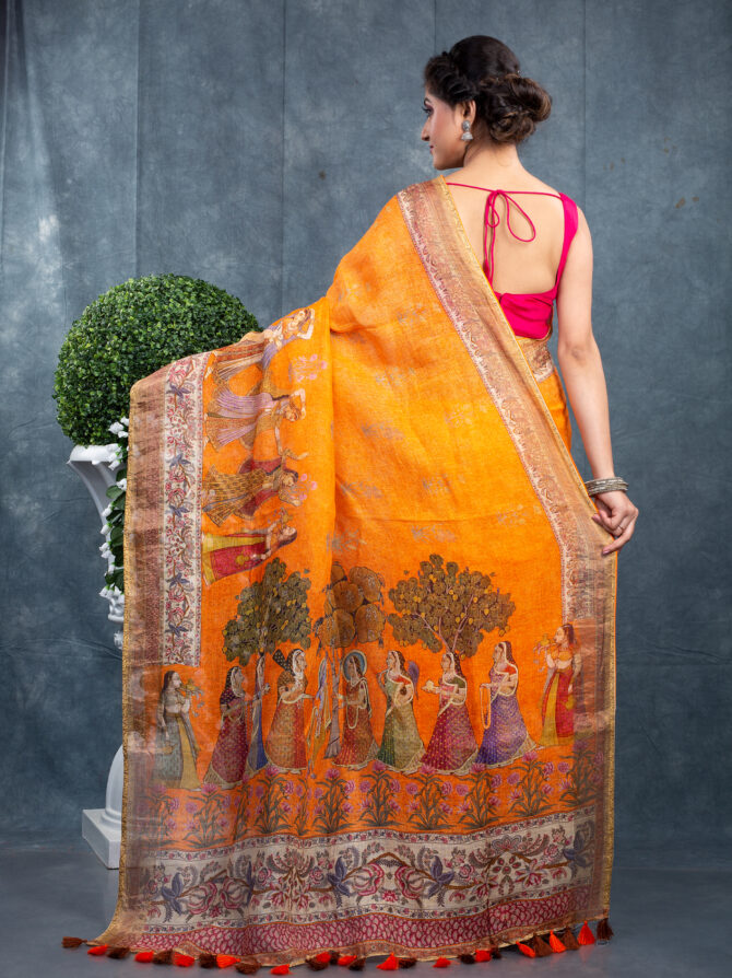 Orange Sakhiya Pichwai Digital Printed Saree