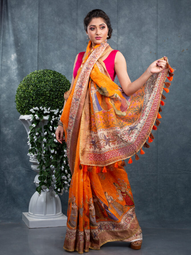 Orange Sakhiya Pichwai Digital Printed Saree