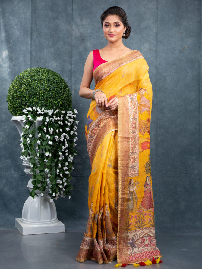 Yellow Fariy Pichwai Digital Printed Saree