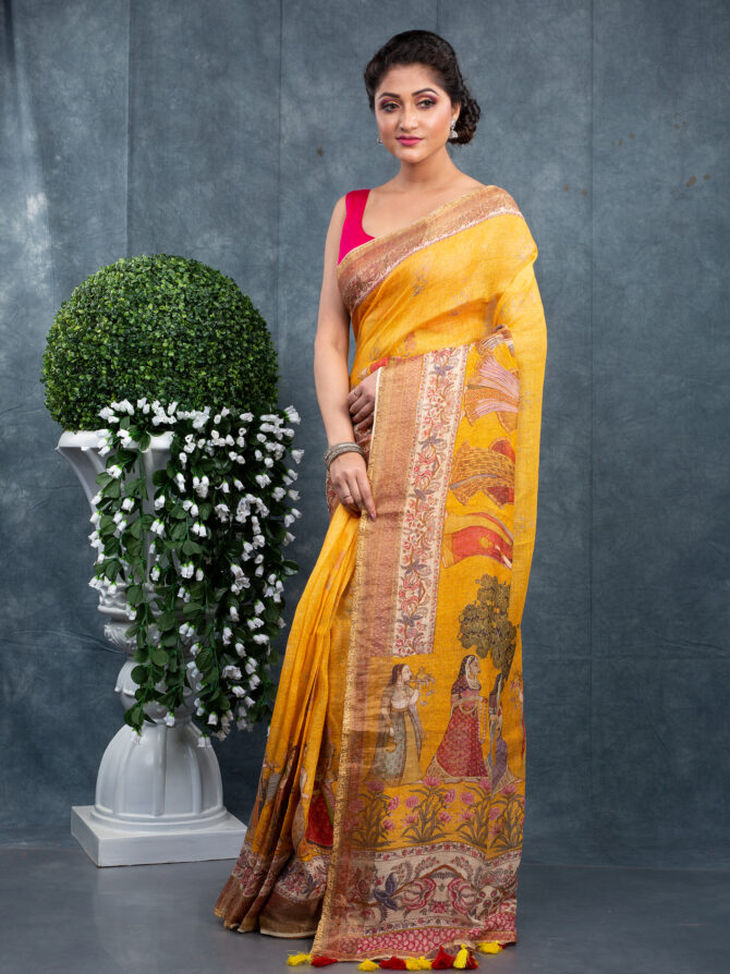 Yellow Fariy Pichwai Digital Printed Saree