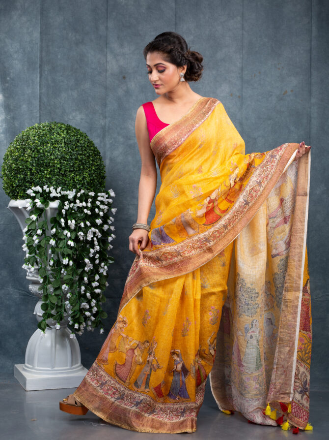 Yellow Fariy Pichwai Digital Printed Saree