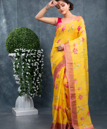 Yellow & Baby-Pink Combination Fite A Kalamkari Printed Saree