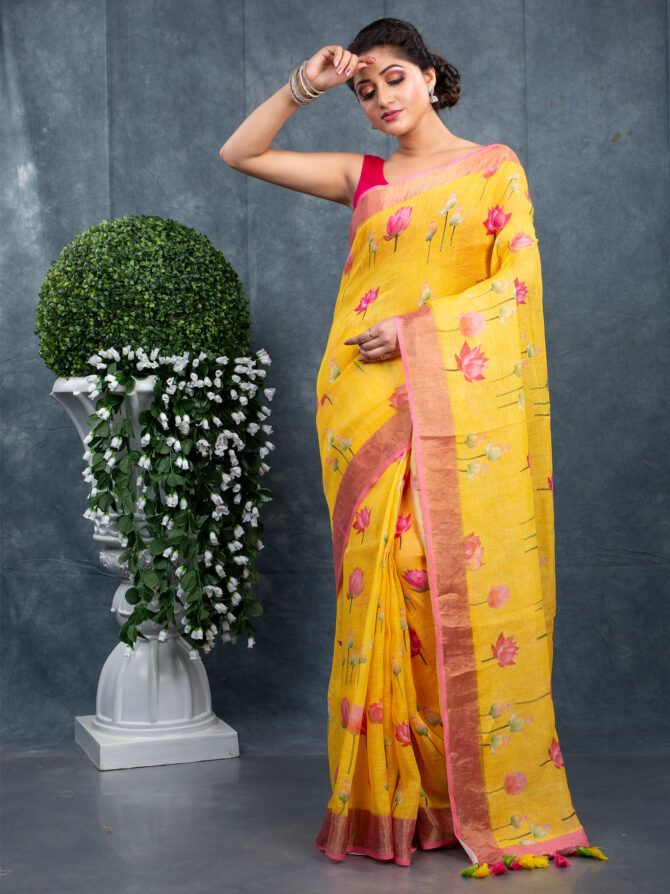 Yellow & Baby-Pink Combination Fite A Kalamkari Printed Saree