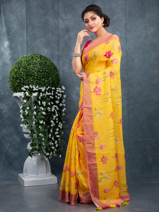 Yellow & Baby-Pink Combination Fite A Kalamkari Printed Saree