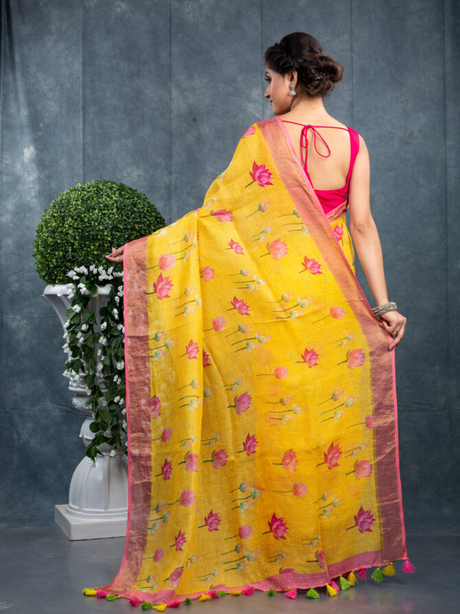 Yellow & Baby-Pink Combination Fite A Kalamkari Printed Saree