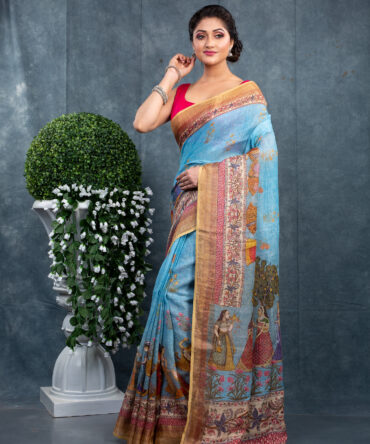 Blue & Pink Combination Fite A Pichwai Printed Saree