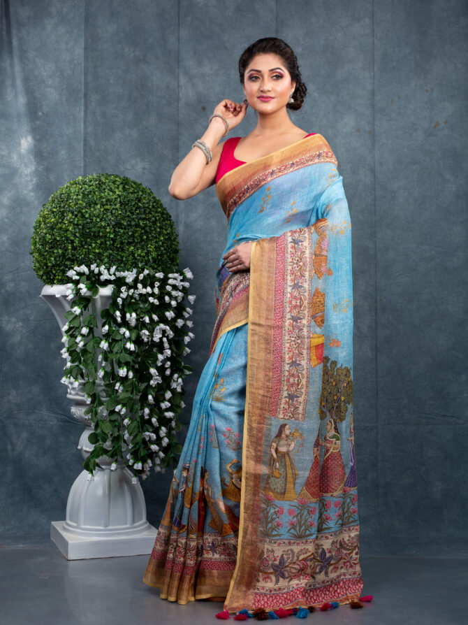 Blue & Pink Combination Fite A Pichwai Printed Saree