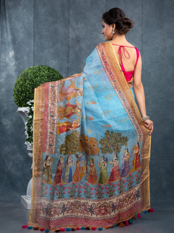 Blue & Pink Combination Fite A Pichwai Printed Saree