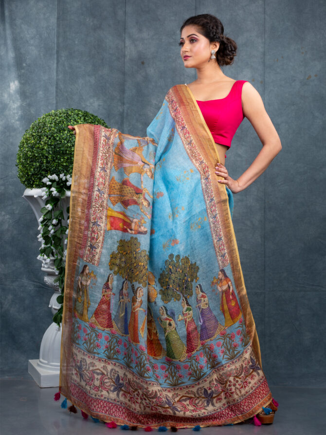 Blue & Pink Combination Fite A Pichwai Printed Saree