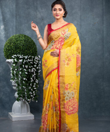 Yellow Background With Some Flower A Kalamkari Printed Saree