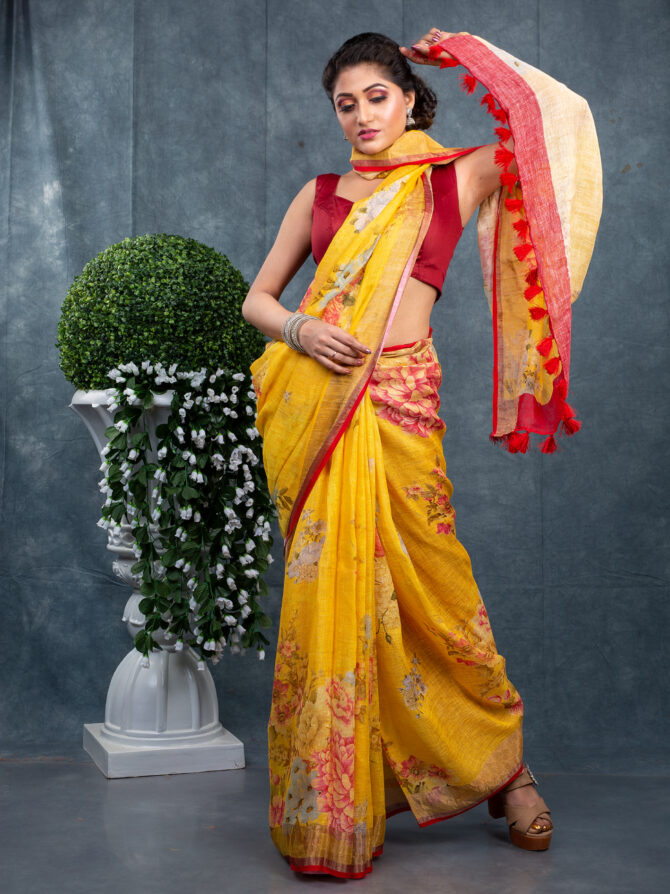 Yellow Background With Some Flower A Kalamkari Printed Saree