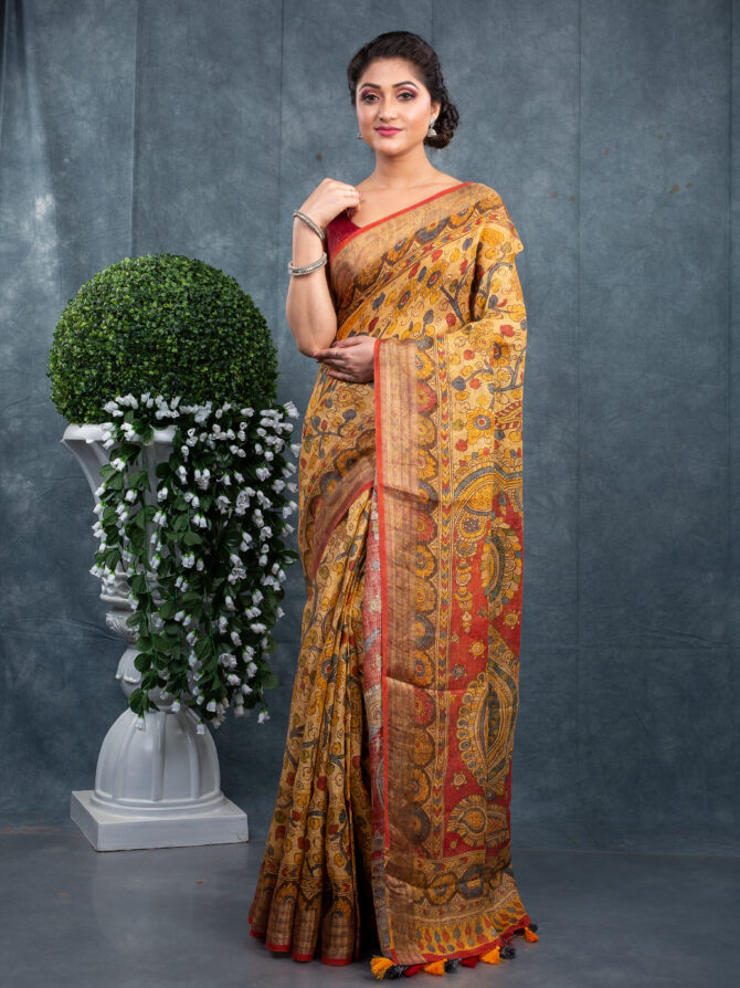 Mixed Gold-Yellow & Maroon Highlights The Ajrakh Patola Saree