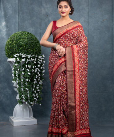 Hot Coffee With Maroon Shades A Ajrakh Patola Digital Printed Saree