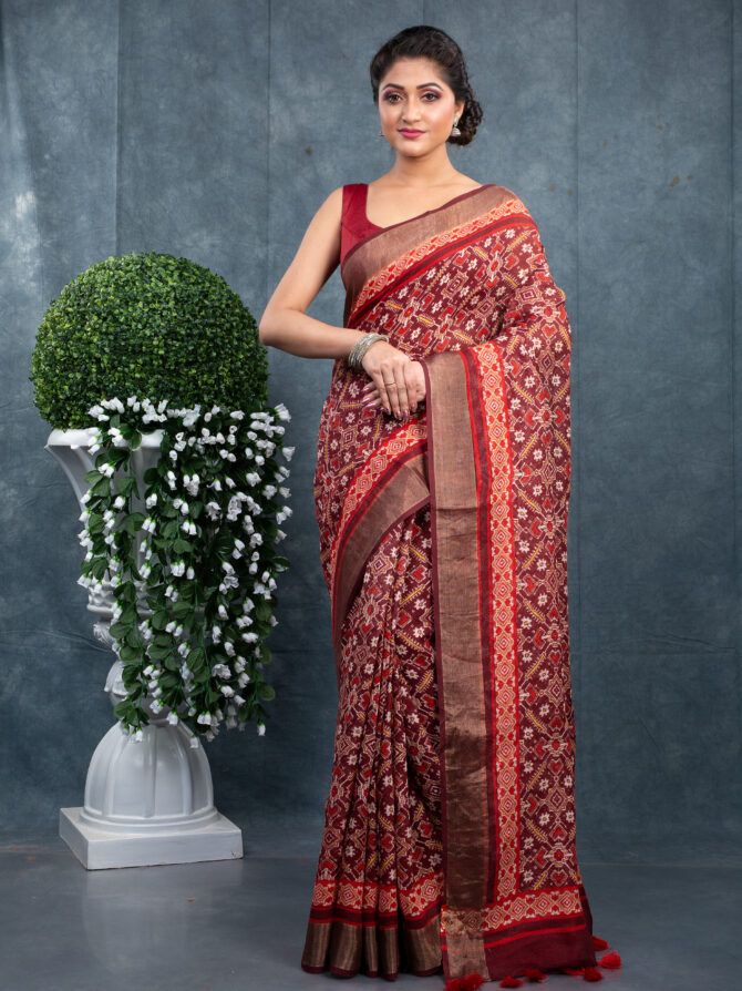 Hot Coffee With Maroon Shades A Ajrakh Patola Digital Printed Saree