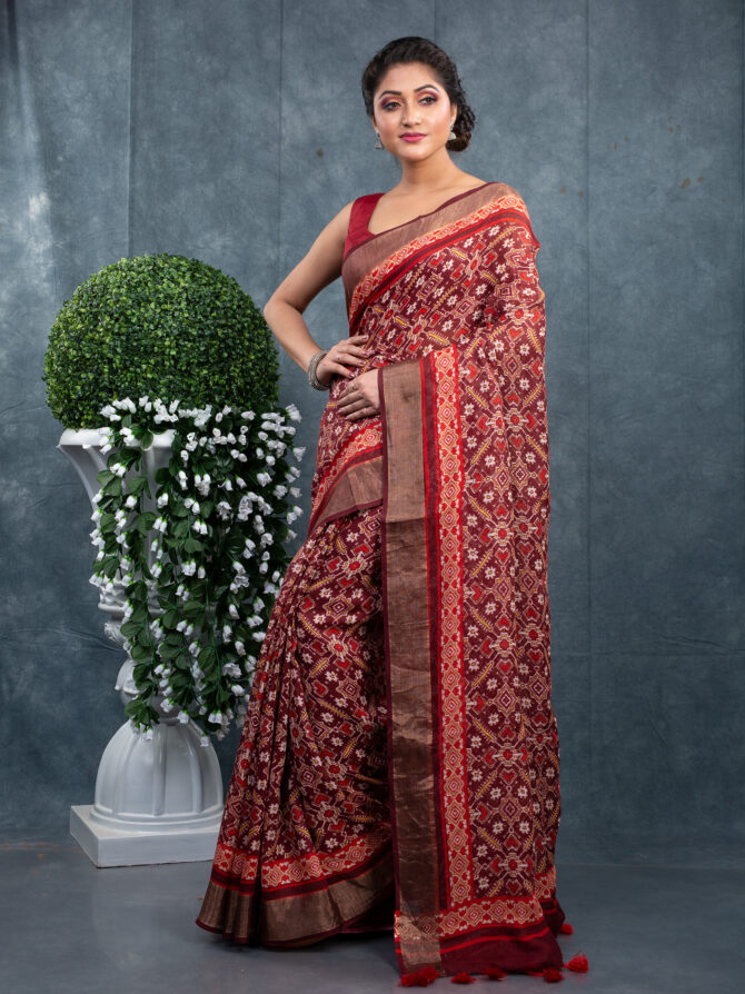 Hot Coffee With Maroon Shades A Ajrakh Patola Digital Printed Saree