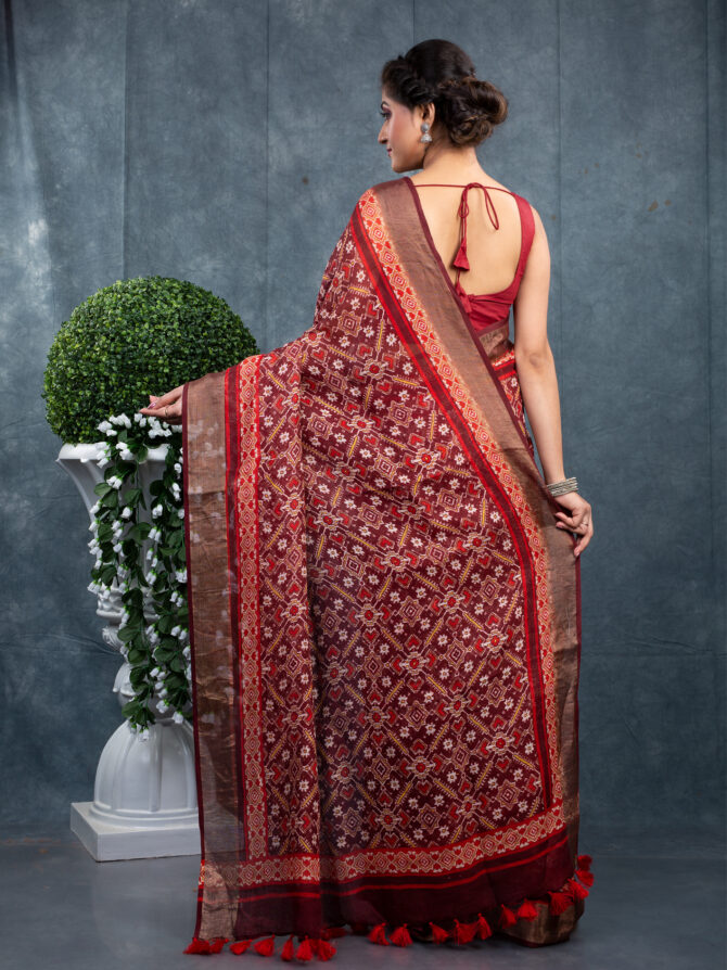 Hot Coffee With Maroon Shades A Ajrakh Patola Digital Printed Saree