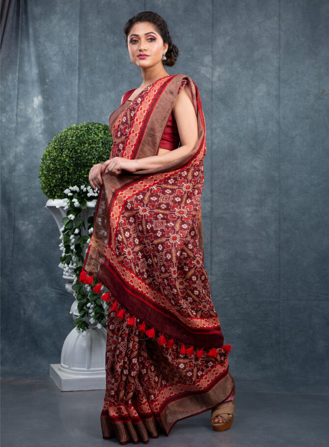 Hot Coffee With Maroon Shades A Ajrakh Patola Digital Printed Saree