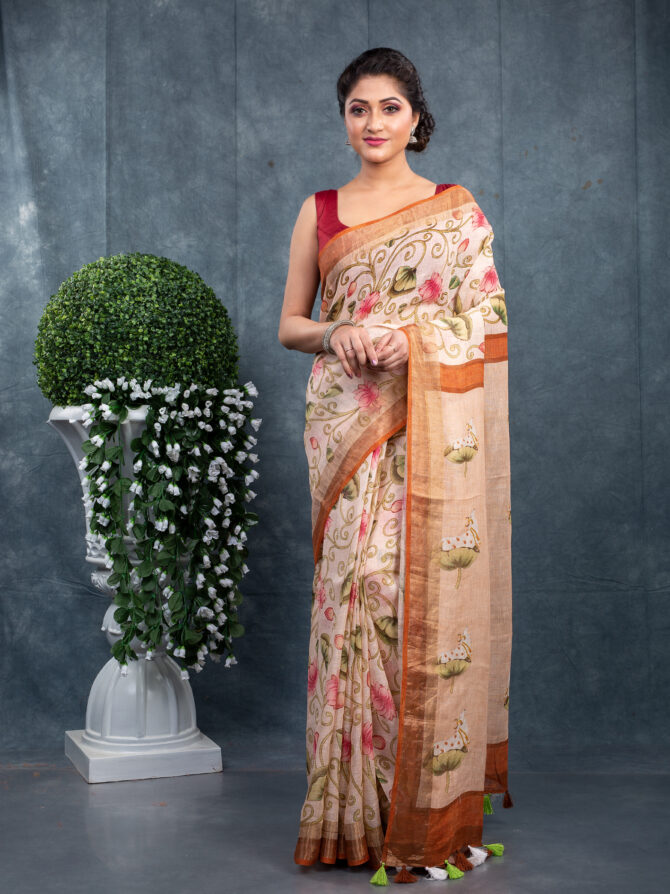 Skin In Colour Shades In Maroon A Kalamkari Printed Saree