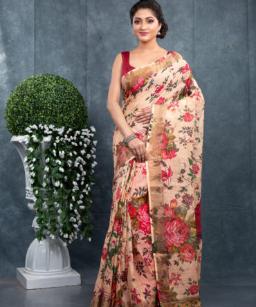 Dominant Skin With Red Flower A Kalamkari Digital Print Saree