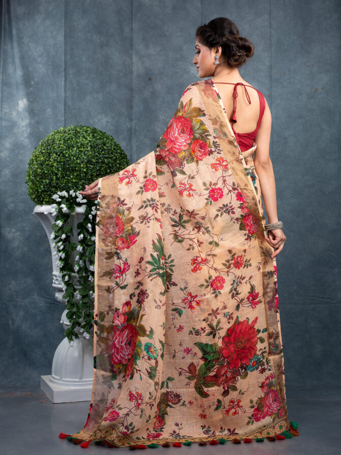 Dominant Skin With Red Flower A Kalamkari Digital Print Saree