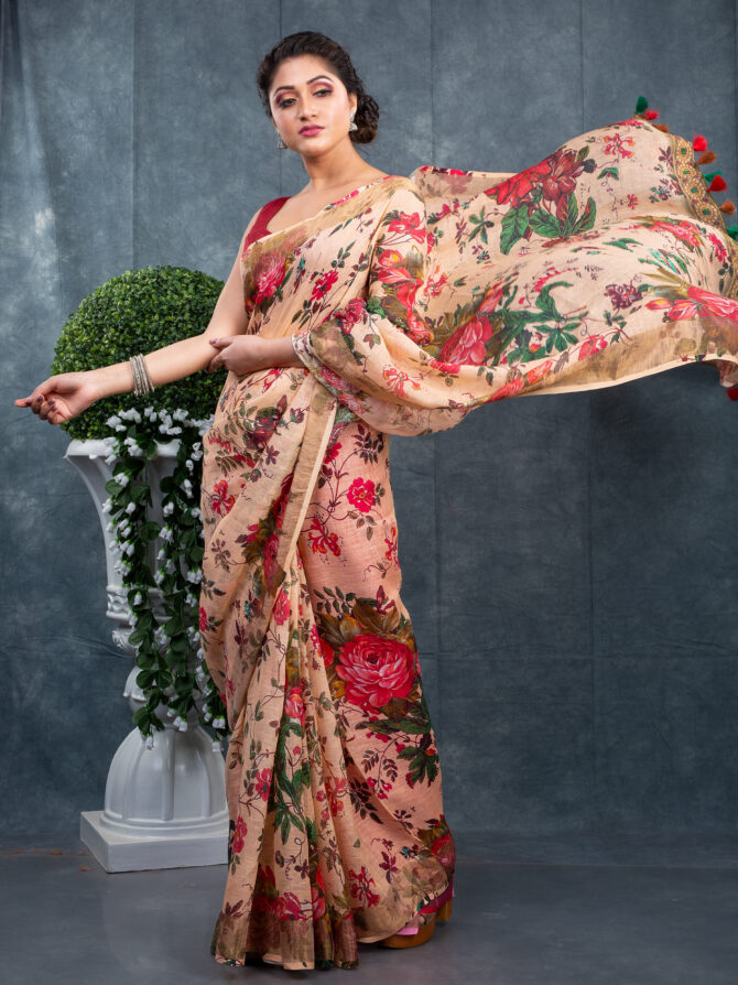 Dominant Skin With Red Flower A Kalamkari Digital Print Saree