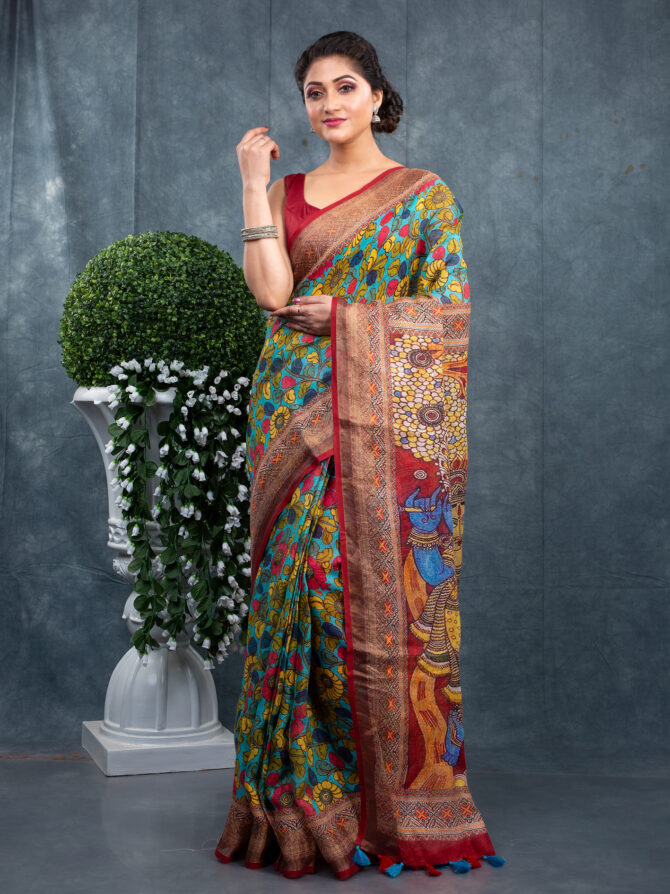 Krishna's Blue With Green Lash A Pichwai Digital Printed Saree
