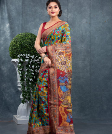 Krishna's Blue With Green Lash A Pichwai Digital Printed Saree
