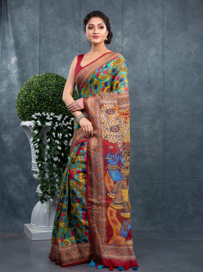 Krishna's Blue With Green Lash A Pichwai Digital Printed Saree
