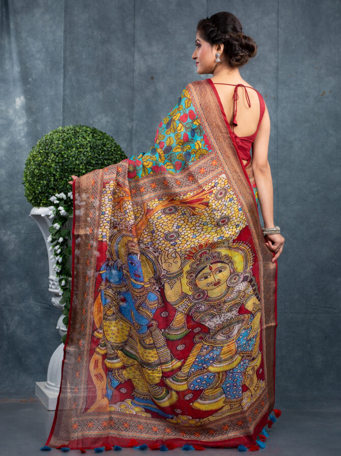 Krishna's Blue With Green Lash A Pichwai Digital Printed Saree