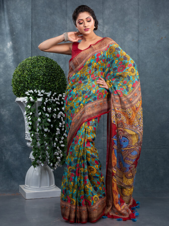 Krishna's Blue With Green Lash A Pichwai Digital Printed Saree