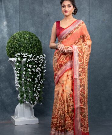 Peach Cremy-Maroon Special Kalamkari Printed Saree