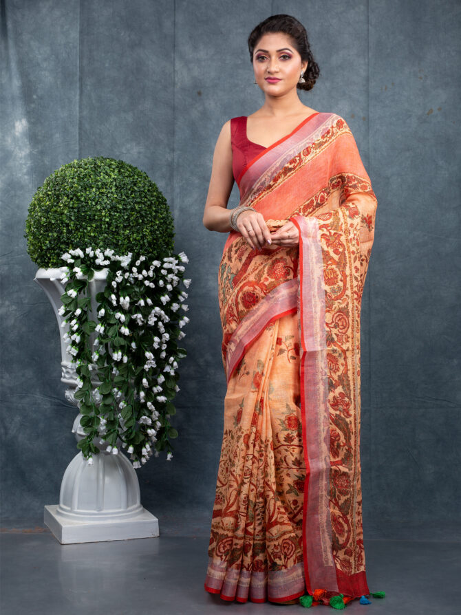 Peach Cremy-Maroon Special Kalamkari Printed Saree